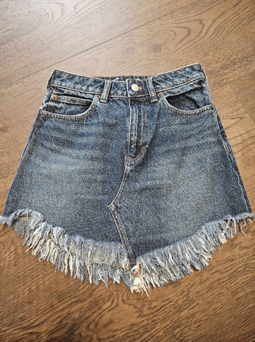 We The Free Distressed Denim Fringe Hem Mini Skirt - Blue